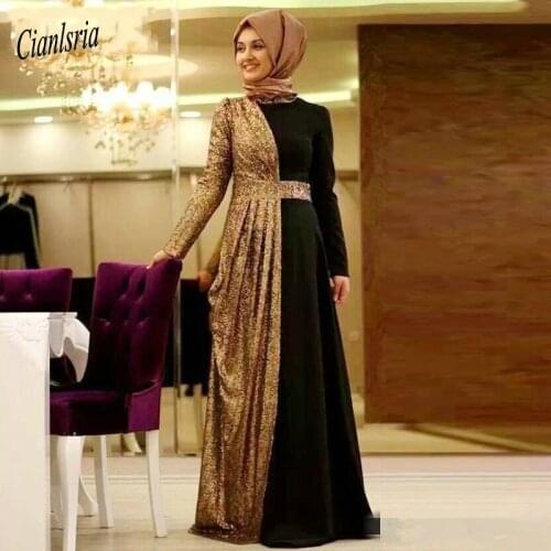 Elegant Gold Sequined Muslim Evening Dress With Draped Long Sleeve Islamic Dubai Saudi Arabic Long Formal Evening Party Dresses