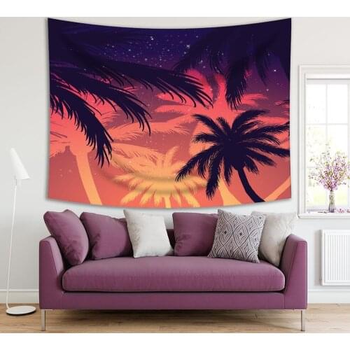 Tapestry Palm Trees Starry Summer Sky Tropical Beach Island Romantic Sunset Orange Navy Blue Photo Printed