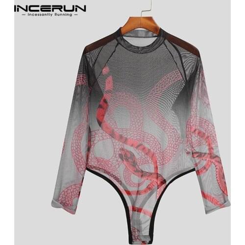INCERUN 2021 Fashion Homewear Jumpsuits Mens Sexy Casual Long Sleepwear Snakes Print Breathable Mesh Long Sleeve Rompers S-5XL