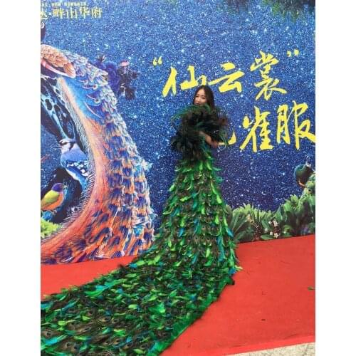 Chinese peacock dress folk dance costume Long trailing blue green catwalk skirt stage bunisess event costume