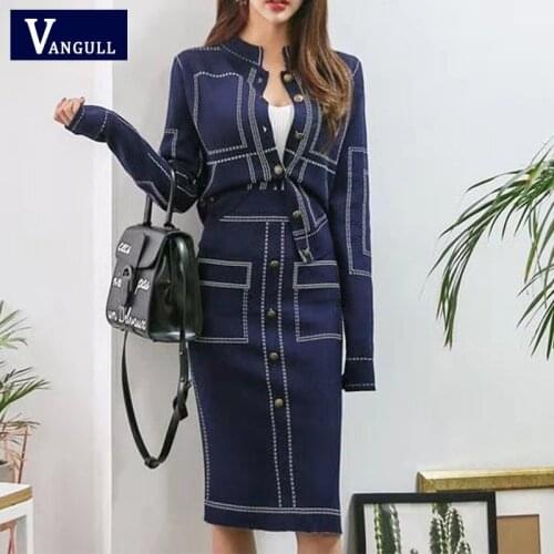 Vangull Thin Bag Hip Suit OL Professional Dress Female Temperament Suit Knitted Round Neck Tops Sheath Split 2 Piece Set