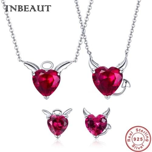 INBEAUT Women Wedding Jewelry Sets 925 Sterling Silver Red Stone Devil Pendant Necklace Teen Girls Angel Zircon Stud Earrings