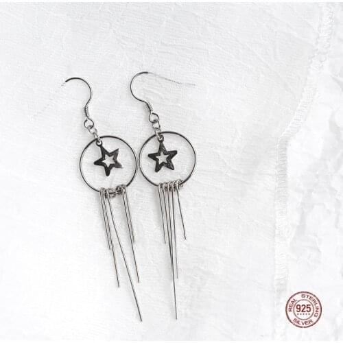 LKO 925 Sterling Silver Trend Hollow Out Star Long Tassels- Hook Earrings Korean Fashion Jewelry Gifts For Women