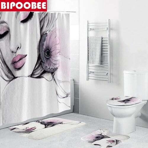Fashion Lady Sexy Girl Print Shower Curtain Set Bath Mats Rugs White Non-Slip Carpet Toilet Cover Bathroom Curtains with Hooks