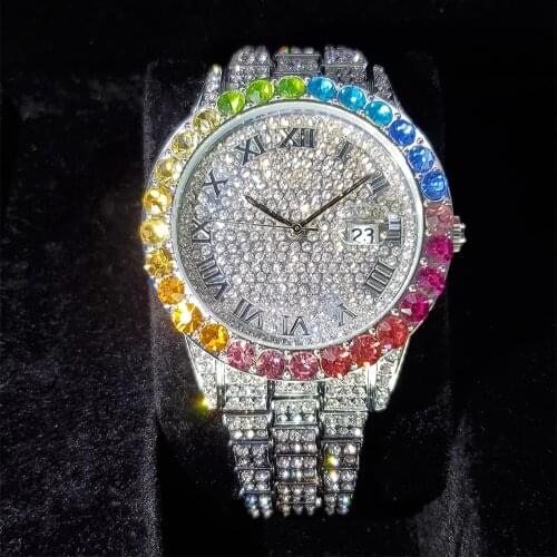 Hip Hop MISSFOX Iced Out Mens Watches Top Brand Luxury Date Silver Rainbow Diamond Quartz Wristwatches For Adult Male Jewelry