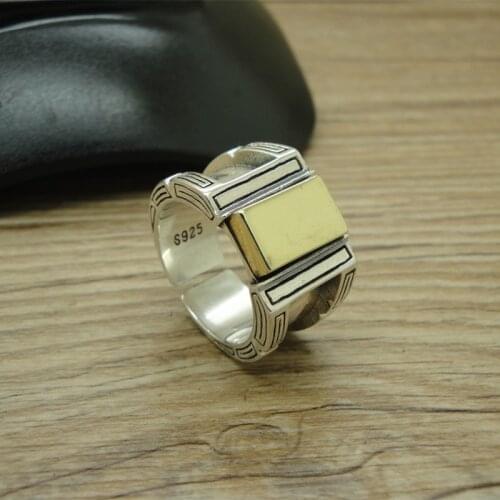 Sterling Silver 925 Gents Signet Rings With Brass Center 100% Real 925 Thai Silver Chunky Men Rings Unique Cool Men Jewelry Gift
