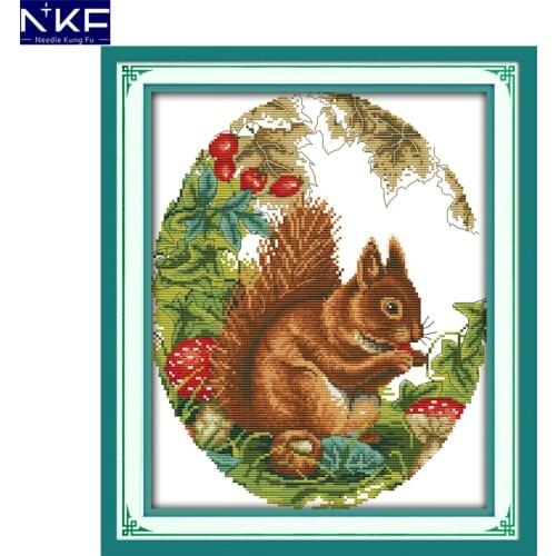 NKF Squirrel In The Jungle Pattern DIY Handmade Craft Cross Stitch Set Embroidery Kit Animal Design Stitching Home Decor