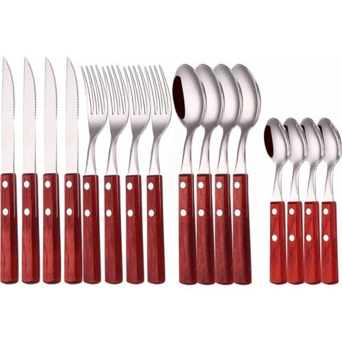 Stainless Steel Tableware Set Wooden Handle Western Cutlery Set 16 Piece Mirror Fork Knives Spoons Kitchen Set Dinner Dinnerware