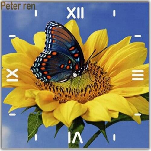 Peter ren Diy Diamond painting cross stitch 5d Full round crystal Rhinestone Mosaic Diamond embroidery Sunflower butterfly clock