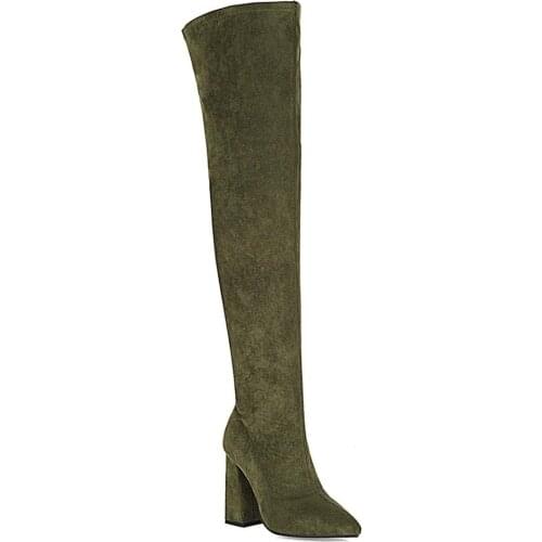 Pointed Toe Super-High Thick-Heeled Python Print Over-The-Knee Boots Side Zipper Warm Suede Dark Green Long Womens Boots