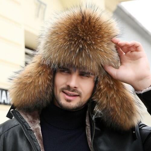 New male winter warm genuine fox fur bomber hat fox fur protection ear cap genuine leather raccoon fur poilt