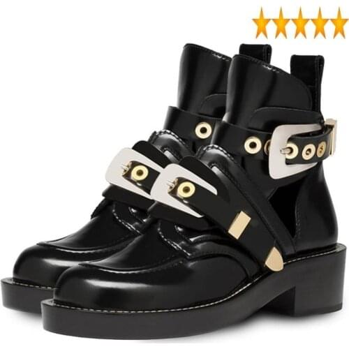 Buckle Strap Thick Heel Brand Ankle Real Leather Women Hollow Out Punk Motorcycle Boots Runway Summer Shoes Plus Size 42