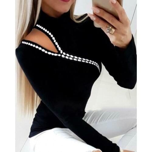 2020 Womens T-Shirts Spring Black Basic Hollow Out Shirts Fashion Casual High Neck Studded Hollow Out Long Sleeve Casual T-shirt
