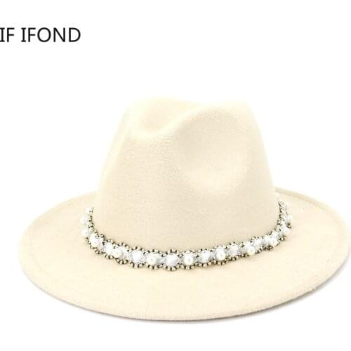 2021 Spring And Autumn French Style Wool Felt Fedora Hat With Pearl Women Sweet Wind Hepburn Wide Brim Top Dress Hat