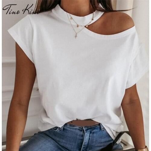 Summer Solid Black White T Shirt Women One Shoulder Halter Short Sleeve Tshirts Female 2020 Casual Streetwear T-Shirt Ladies