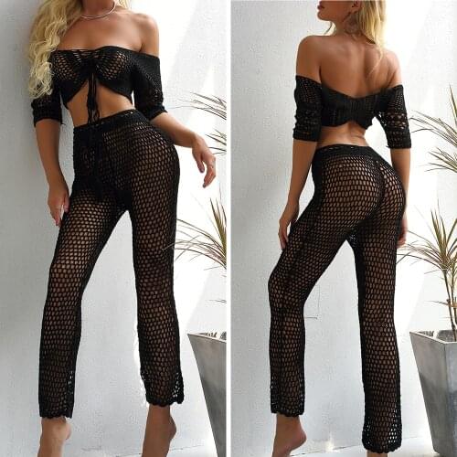 Handmade Crochet Bikini Cover-up Sexy Ruffle Tassel Women Beach Pants See through Wide Leg Pants Sea Cover Up Trouser Bottoms