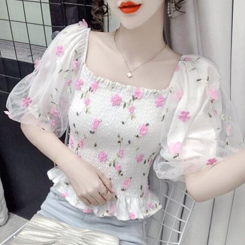 French cropped top 2021 summer new sweet chiffon short-sleeved lantern sleeve floral waist shirt women