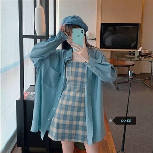 Korean Style 2 Pcs Set Women Shirt Plaid Mini Dress Long Sleeve Ladies Casual Sets Sweet Single Breasted Coat for Girls Nice