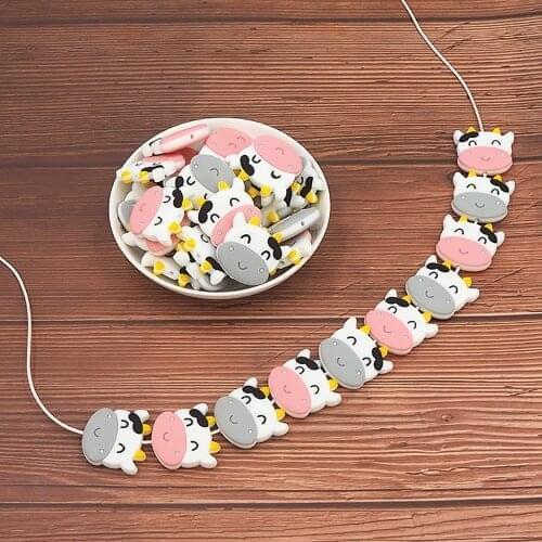 Chenkai 10PCS BPA Free Food Grade Silicone Cow beads Chewable Pacifier Pendant For Infant Nursing Necklace Accessories