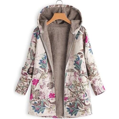 2020 New Winter Outwear Floral Print Hooded Pockets Vintage Oversize Female Coats Casual Plus Size Comfortable Keep Warm