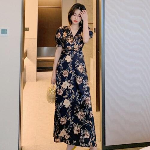 2021 Summer New Womens Retro Printing Waist Show Thin Temperament Medium Long Dress Plus Size Dress