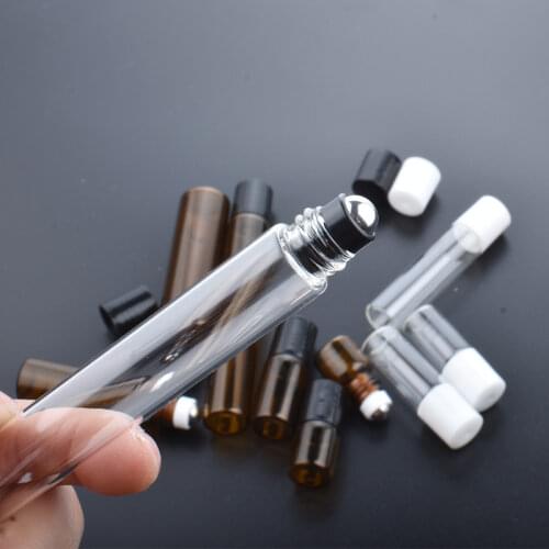 50pcs/Lot 1/2/3/5/10ml Clear / Amber Glass Roll on Bottle with Glass/Metal Ball Perfume Bottle Deodorant Containers