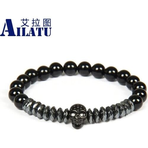 Ailatu New Design Jewelry Wholesale 10pcs/lot 8mm Natural Black Onyx Stone with Stainless steel Black Skull Beaded Bracelet