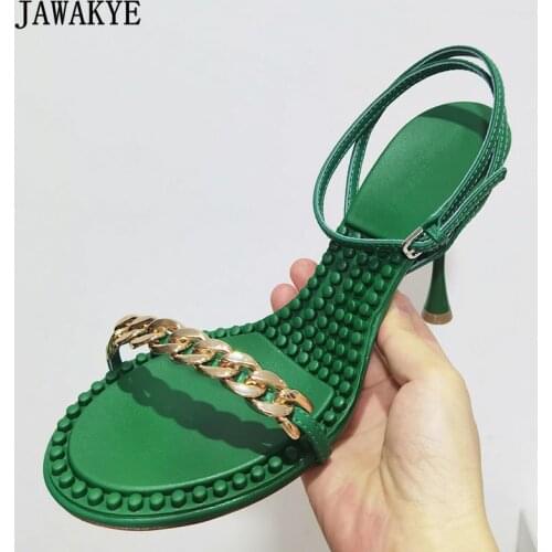 Sexy Gold Chain Women High Heel Sandals Rivets Studded Open Toe Runway Summer Shoes New Women Ankle Strap Party Wedding Shoes