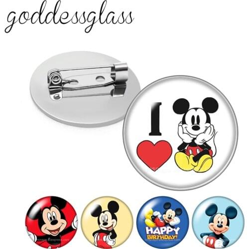 Disney Mickey mouse Cute Round Glass cabochon Silver color Brooch Dome Photo Jewelry Brooches Pin For Gift