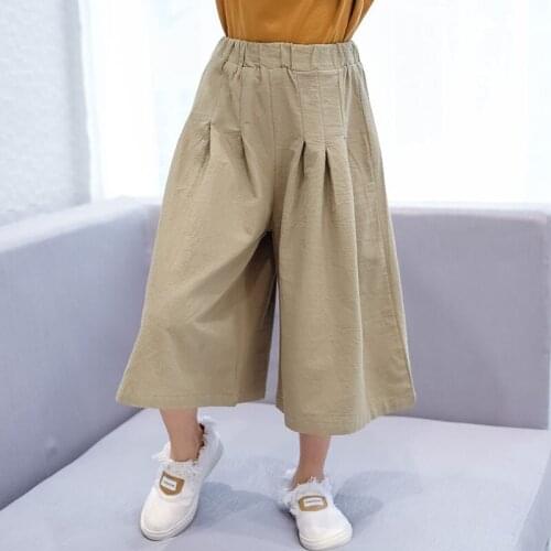 Kids Girls Black Wide Leg Pants Summer 2021 Cotton Linen Loose Casual Trousers Childrens Fashion Clothing Korean 4 To 15 Years