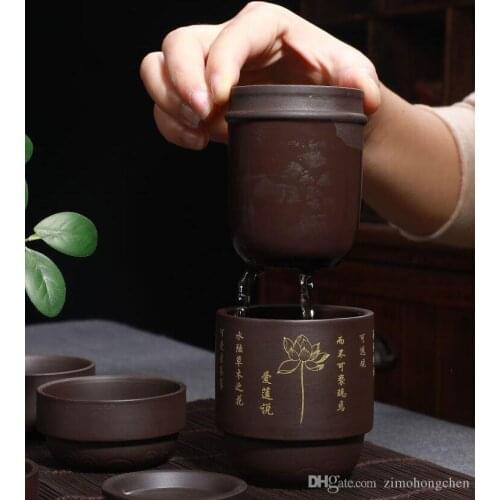 Teaset Four cups 1 pot Ceramic portable travel tea set with concentric cup purple sand teapot gift custom storage cup 2021