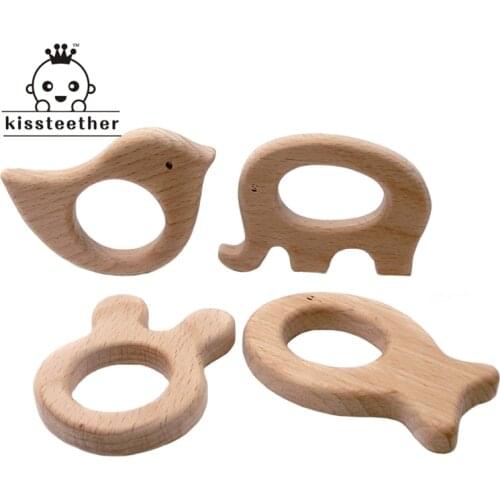 DIY Baby Teether Toys Organic Natural Beech Wooden Elephant-Bird-Fish-Rabbit Hand Cut Grasping Toys Baby Wooden Teether Gift