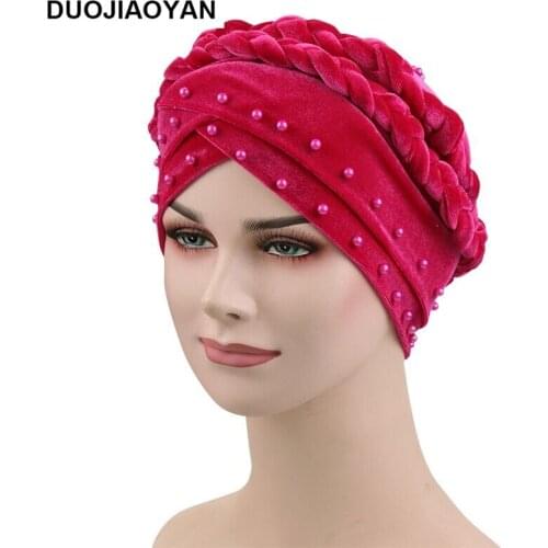 DUOJIAOYAN velvet women turban new style pearl ladies long tail bandanas braided rivet muslim winter cap