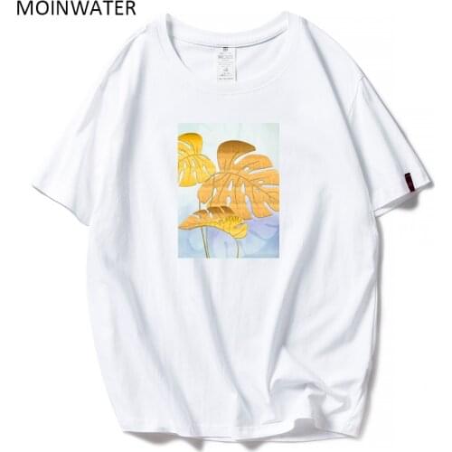 MOINWATER 2020 New Women Fashion T shirts Leaves Print Female Cotton White Black Tshirt Lady High Street Tees Tops MT20019