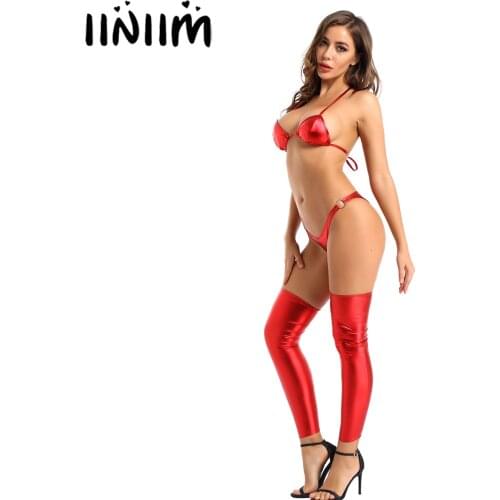 Womens Fashion Ladies Hot Parties Lingerie Set Pole Clubwear Costume Shiny Metallic Leather Bikini Bra Briefs with Leg Sleeve