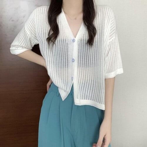 Korean Thin Women Knitted T-Shirts Summer Solid Femael Short Sleeve Hollow Out Sunscreen Cardigan Tops