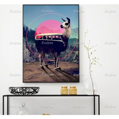 Llama Art Print, Funny Animal Wall Art, Hippie Adventure Poster, Animal Art Home Decor Gift, Llama Bus Travel Art Canvas Gift