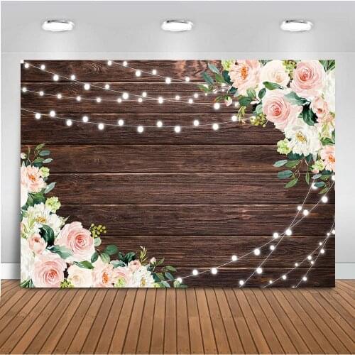 Mocsicka Rustic Wood Flowers Backdrop Bridal Shower Floral Background Dark Brown Wooden Wall Background Wedding Shiny Light