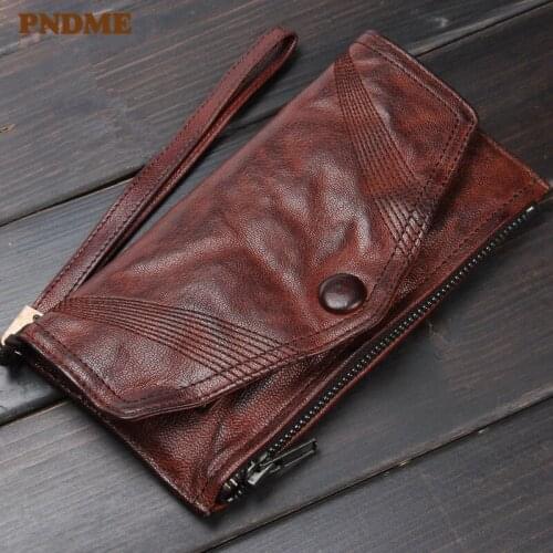 Fashion design handmade genuine leather ladies long clutch wallet retro soft natural first layer cowhide mens phone purse