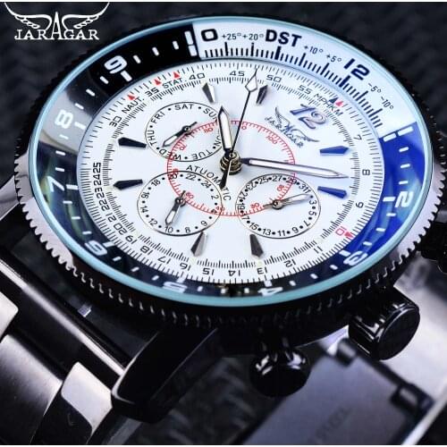 Jaragar Fashion Three Small Dial Date Week Hour Display Black Bracelet Mens Automatic Watches Luminous Hands Military Clock