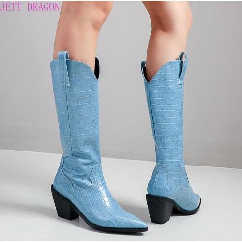 Autumn Women Western Boots Pu Leather Wedges High Heel Knee High Boots Slip on Pointed Toe Long Boots Winter Shoes Ladies White