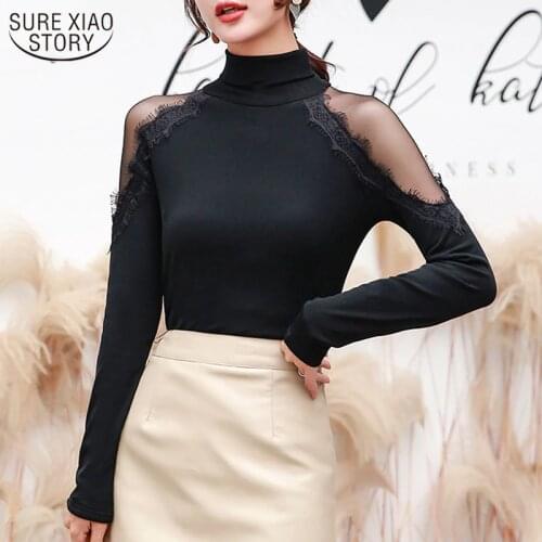 Autumn Long Sleeve Lace Blouse Women Spring New Fashion Solid Blouse Women Casual Office Lady Turtleneck Slim Women Shirts 11093