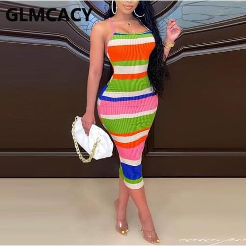 Spaghetti Strap Backless Striped Midi Dress Bodycon Party Club Dress