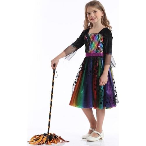 Rainbow Witch Costume With Hat Girls Glitter Star Wicked Princess Dress Girl Fairytale Pretend Set Kids Party Dress