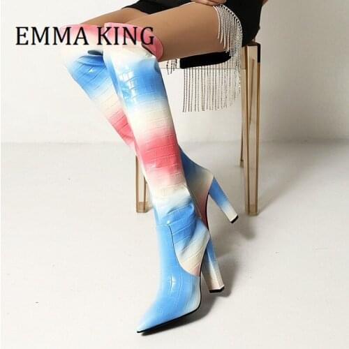 Spring/Autumn 2021 Fashion Mix Colour Boots 11cm Thick Heels Thigh High Leather Boots Womens Plus Size Boots Zapatos De Mujer