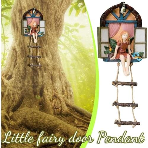 Fairy House Tree Hanging Figurine Window Sitting Fairy Ladder Resin Craft Statue Outdoor Ornament For Home Garden Yard Art Decor