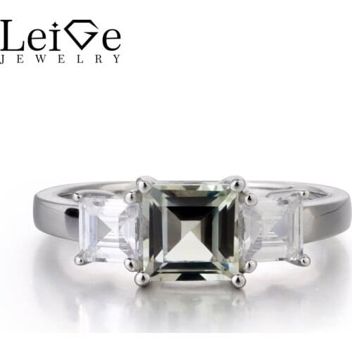 Leige Jewelry Natural Green Amethyst Ring 925 Silver Square Cut Gemstone Rings for Women Wedding Romantic Anniversary Gift