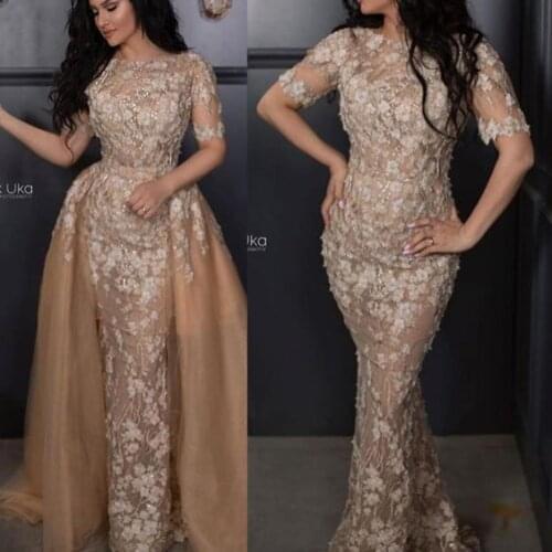 SuperKimJo Champagne Evening Dresses with Detachable Skirt Robe Longue Lace Applique Elegant Modest Evening Gown