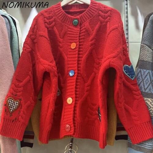 Nomikuma Knitted Cardigan Women Korean Love Heart Embroidery Twisted Sweater Coat Causal Sweet 2021 New Knitwear Jacket 6L444