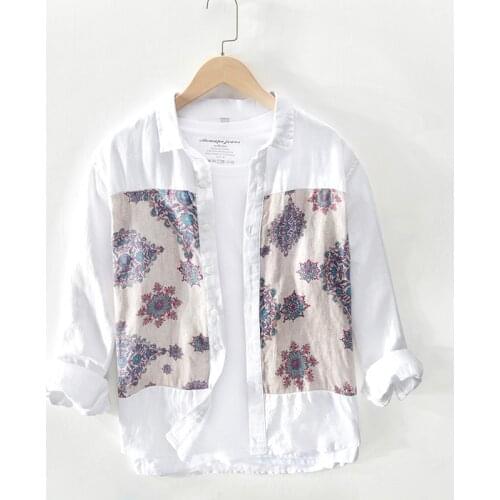 Quality Patchwork Floral Printed 100% Linen Shirt Men Long-sleeved Casual Flax Mens Dress Shirts Mens Clothing Camisas TS-676